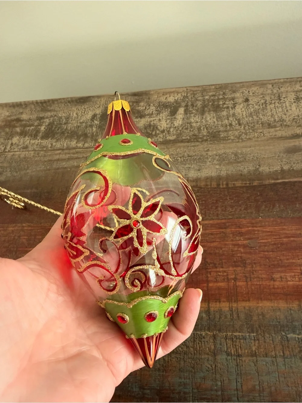 Vintage Style Glass Teardrop Poinsettia Christmas Ornament JS Mark- Excel. Cond.